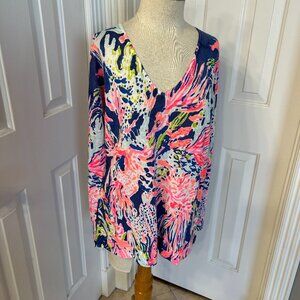 LILLY PULITZER ‘Liesel’ Indigo Sunken Treasure Linen V-Neck Sweater Size Large